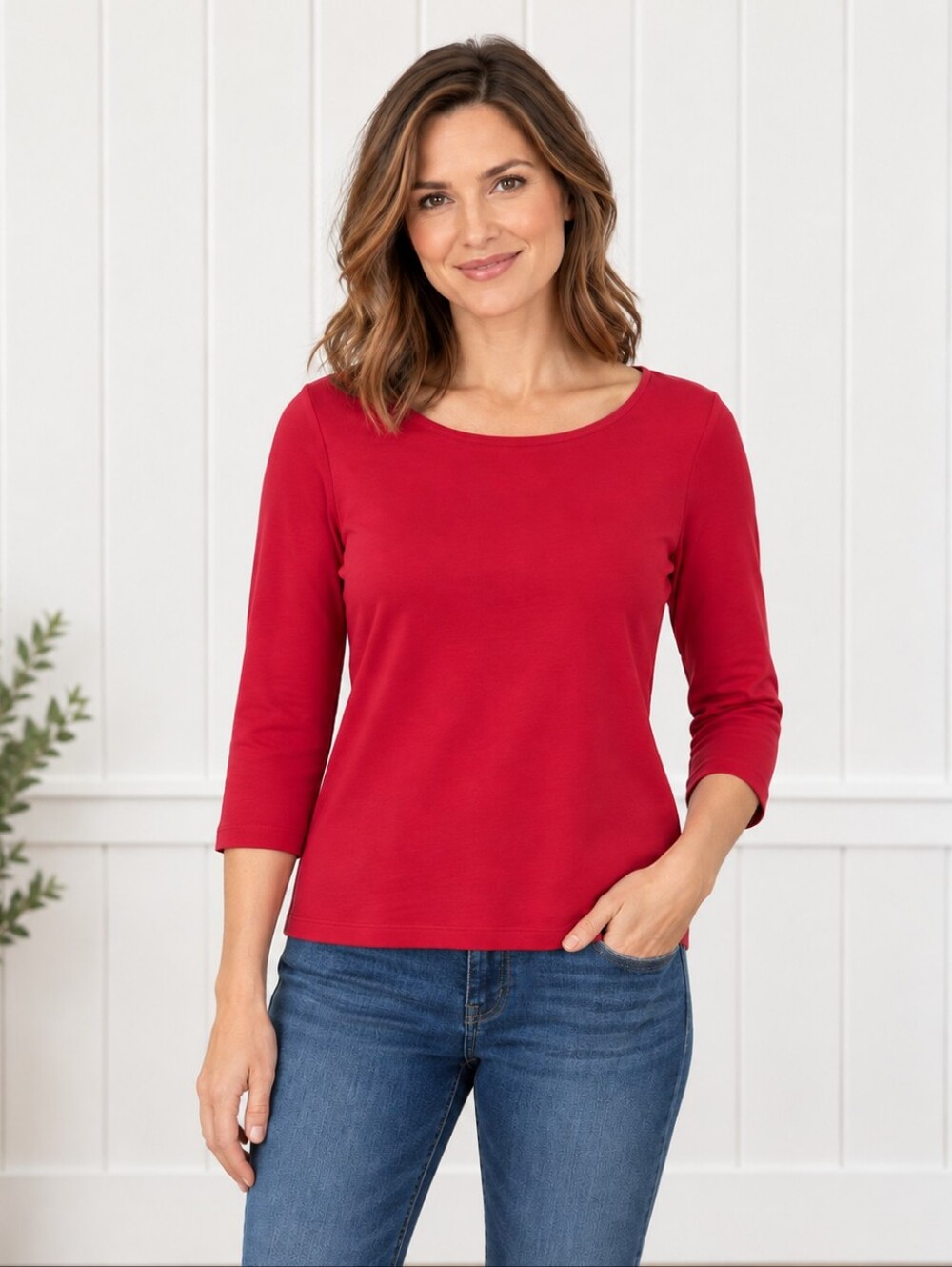 Karen Scott 3/4 Length Sleeve Scoop Neck Red 100% Cotton Shirt, NWT Size PP SP